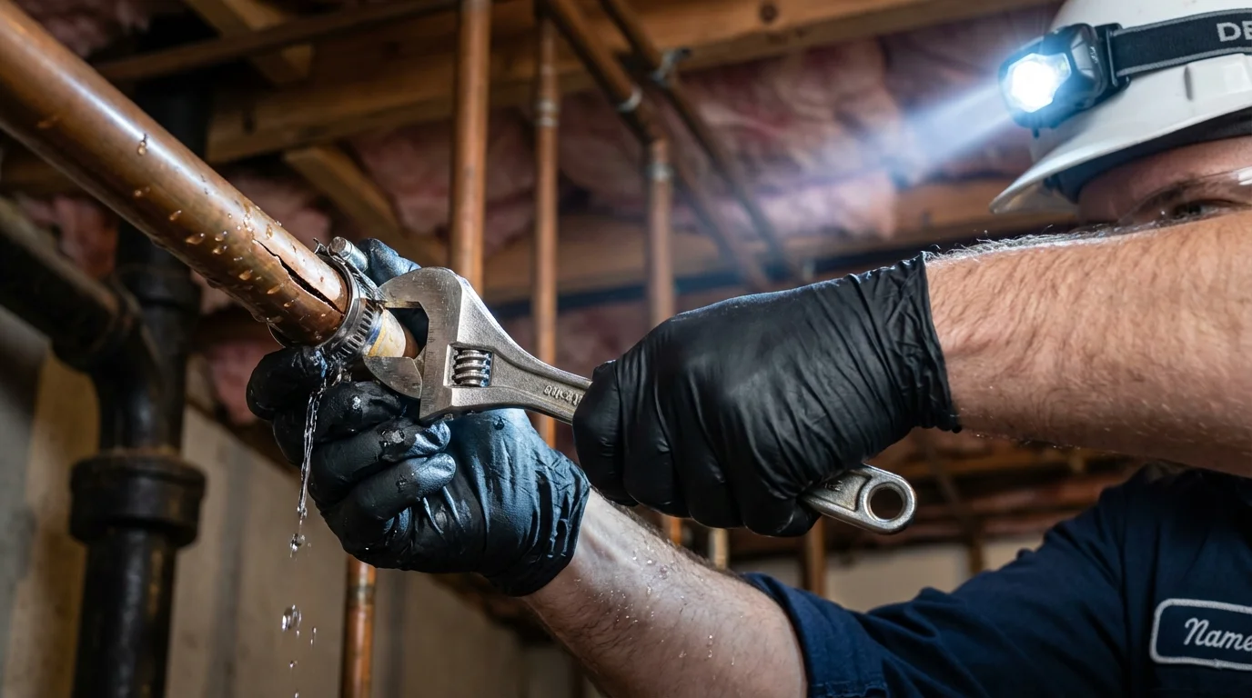 Emergency pipe clamp repair being performed by a Johns Plumbing LLC plumber in Fox Lake