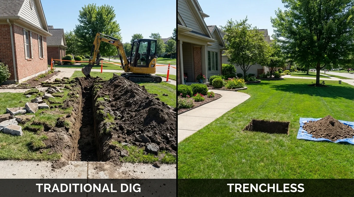 Trenchless sewer repair with minimal yard damage versus traditional excavation in Fox Lake, WI